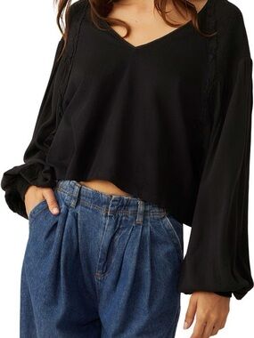 Free People Kathy Smocked Bishop Sleeve Top Black S